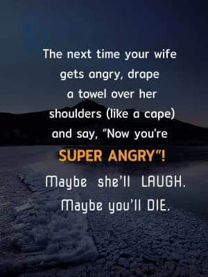 The next time your wife gets angry, drape a towel over her shoulders like a cape and say Now you're SUPER ANGRY. Maybe she'll laugh. Maybe you'll die.