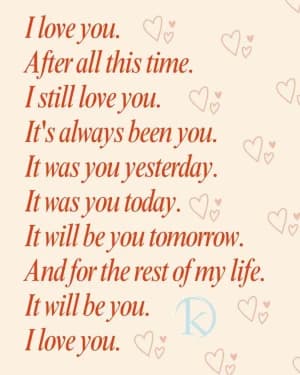 I love you. After all this time. I still love you. It's always been you. It was you yesterday. It was you today. It will be you tomorrow. And for the rest of my life. It will be you. I love you.