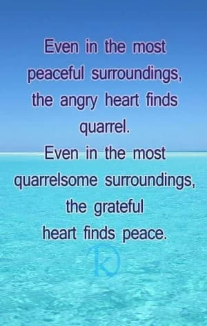 Even in the most peaceful surroundings, the angry heart finds quarrel. Even in the most quarrelsome surroundings, the grateful heart finds peace.