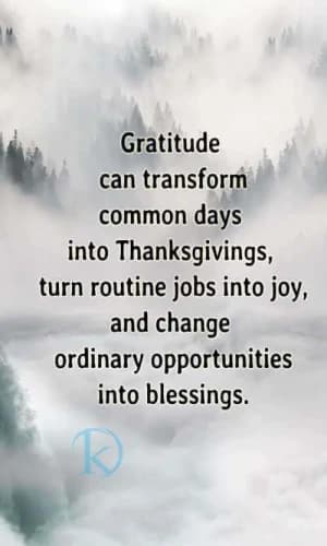 Gratitude can transform common days into thanksgivings, turn routine jobs into joy, and change ordinary opportunities into blessings.