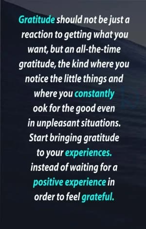 Gratitude should not be just a reaction to getting what you want, but an all-the-time gratitude, the kind where you notice the little things and where you constantly look for the good even in unpleasant situations. Start bringing gratitude to your experiences instead of waiting for a positive experience in order to feel grateful.