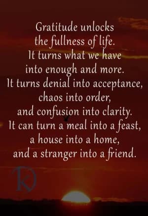 Gratitude unlocks the fullness of life.  It turns what we have into enough and more.  It turns denial into acceptance, chaos into order, and confusion into clarity.  It can turn a meal into a feast, a house into a home, and a stranger into a friend.