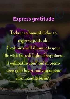 Express gratitude. Today is a beautiful day to express gratitude. Gratitude will illuminate your life with the soft light of happiness. It will bathe your soul in peace, open your heart, and appreciate your many blessings.