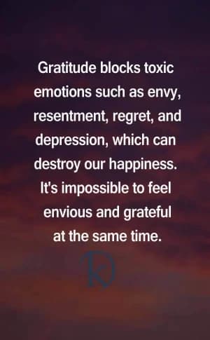 Gratitude blocks toxic emotions such as envy, resentment, regret, and depression, which can destroy our happiness.  It's impossible to feel envious and grateful at the same time.