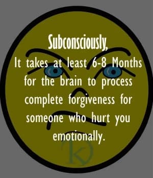 Subconsciously, it takes at least 6-8 months for the brain to process complete forgiveness for someone who hurt you emotionally.