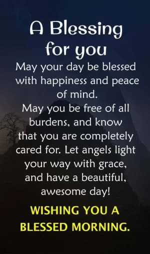 A Blessing for You  May your day be blessed with happiness and peace of mind. May you be free of all burdens and know that you are completely cared for. Let angels light your way with grace, and have a beautiful, awesome day!  Wishing you a blessed morning.