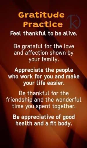 Gratitude Practice: Feel thankful to be alive. Be grateful for the love and affection shown by your family. Appreciate the people who work for you and make your life easier. Be thankful for the friendship and the wonderful time spent together. Be appreciative of good health and a fit body.