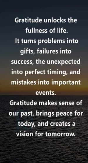 Gratitude unlocks the fullness of life.  It turns problems into gifts, failures into successes, the unexpected into perfect timing, and mistakes into important events.  Gratitude makes sense of our past, brings peace for today, and creates a vision for tomorrow.