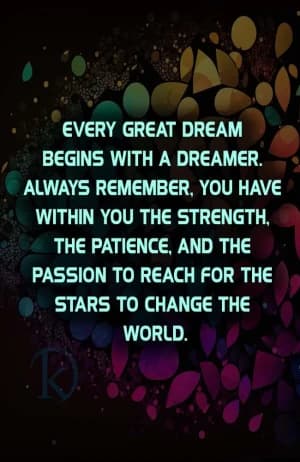 EVERY GREAT DREAM BEGINS WITH A DREAMER. Always remember, you have within you the strength, the patience, and the passion to reach for the stars to change the world.