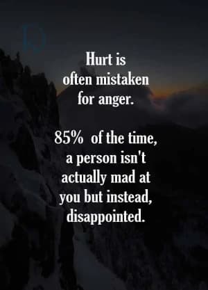 Hurt is often mistaken for anger. 85% of the time, a person isn't actually mad at you but instead, disappointed.