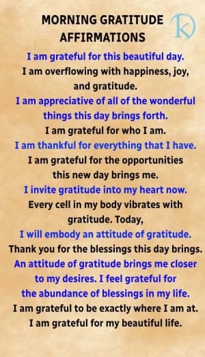 MORNING GRATITUDE AFFIRMATIONS: I am grateful for this beautiful day. I am overflowing with happiness, joy, and gratitude. I am appreciative of all of the wonderful things this day brings forth. I am grateful for who I am. I am thankful for everything that I have. I am grateful for the opportunities this new day brings me. I invite gratitude into my heart now. Every cell in my body vibrates with gratitude. Today, I will embody an attitude of gratitude. Thank you for the blessings this day brings. An attitude of gratitude brings me closer to my desires. I feel grateful for the abundance of blessings in my life. I am grateful to be exactly where I am. I am grateful for my beautiful life.