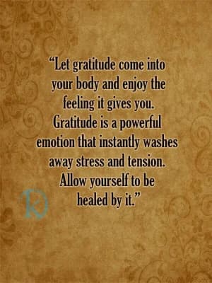 Let gratitude come into your body and enjoy the feeling it gives you. Gratitude is a powerful emotion that instantly washes away stress and tension. Relax, allow yourself to be healed by it.