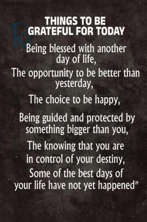 Things to be grateful for today: Being blessed with another day of life, The opportunity to be better than yesterday, The choice to be happy, Being guided and protected by something bigger than you, The knowing that you are in control of your destiny, Some of the best days of your life have not yet happened.