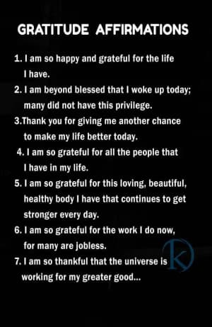 GRATITUDE AFFIRMATIONS:  1. I am happy and grateful for the life I have. 2. I am beyond blessed that I woke up today; many did not have this privilege. 3. Thank you for giving me another chance to make my life better today. 4. I am grateful for all the people that I have in my life. 5. I am grateful for this loving, beautiful, healthy body I have that continues to get stronger every day. 6. I am grateful for the work I do now, for many are jobless. 7. I am thankful that the universe is working for my greater good.