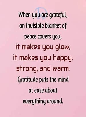 When you are grateful, an invisible blanket of peace covers you; it makes you glow, it makes you happy, strong, and warm. Gratitude puts the mind at ease about everything around it.