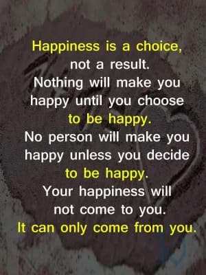 Happiness is a choice, not a result. Nothing will make you happy until you choose to be happy. No person will make you happy unless you decide to be happy. Your happiness will not come to you. It can only come from you.