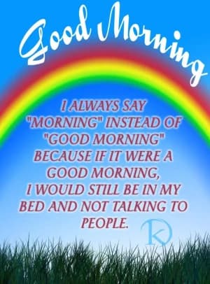 I ALWAYS SAY "MORNING" INSTEAD OF "GOOD MORNING" BECAUSE IF IT WERE A GOOD MORNING, I WOULD STILL BE IN MY BED AND NOT TALKING TO PEOPLE.