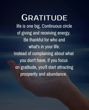 Gratitude: Life is one big, continuous circle of giving and receiving energy. Be thankful for who and what's in your life. Instead of complaining about what you don't have, if you focus on gratitude, you'll start attracting prosperity and abundance.