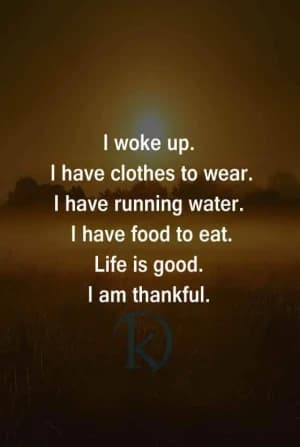 I woke up. I have clothes to wear. I have running water. I have food to eat. Life is good. I am thankful.