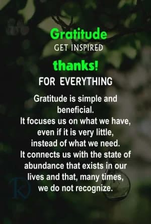 Gratitude, get inspired, thanks! for everything. Gratitude is simple and beneficial.  It focuses us on what we have, even if it's very little, instead of what we need. It connects us with the state of abundance that exists in our lives and that, many times, we don't recognize.