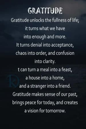 GRATITUDE: Gratitude unlocks the fullness of life; it turns what we have into enough and more.It turns denial into acceptance, chaos into order, and confusion into clarity.It can turn a meal into a feast, a house into a home, and a stranger into a friend.Gratitude makes sense of our past, brings peace for today, and creates a vision for tomorrow.