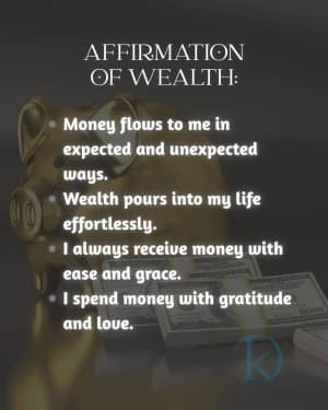 AFFIRMATION OF WEALTH: Money flows to me in expected and unexpected ways. Wealth pours into my life effortlessly. I always receive money with ease and grace. I spend money with gratitude and love.