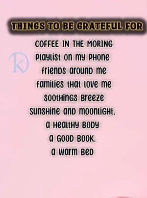 Things to be Grateful For:  Coffee in the morning. Friends around me. Families that love me. Sunshine and moonlight. A healthy body. A good book. A warm bed.
